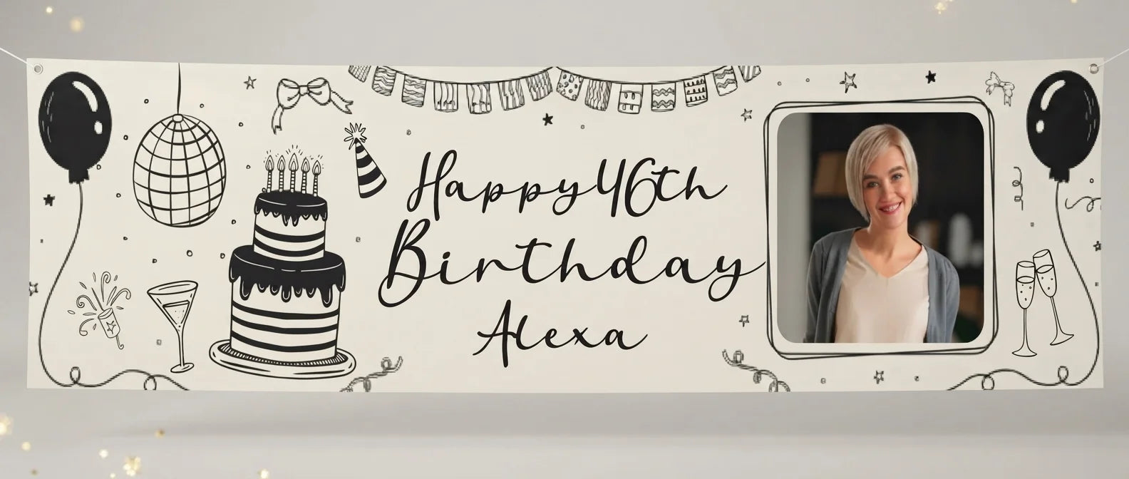 Personalised Handdrawn Scribble Birthday Party Banner displayed against a plain studio background