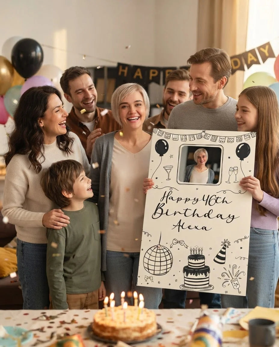 Friends and family celebrating with the personalised Handdrawn Scribble Birthday Party Mega Card