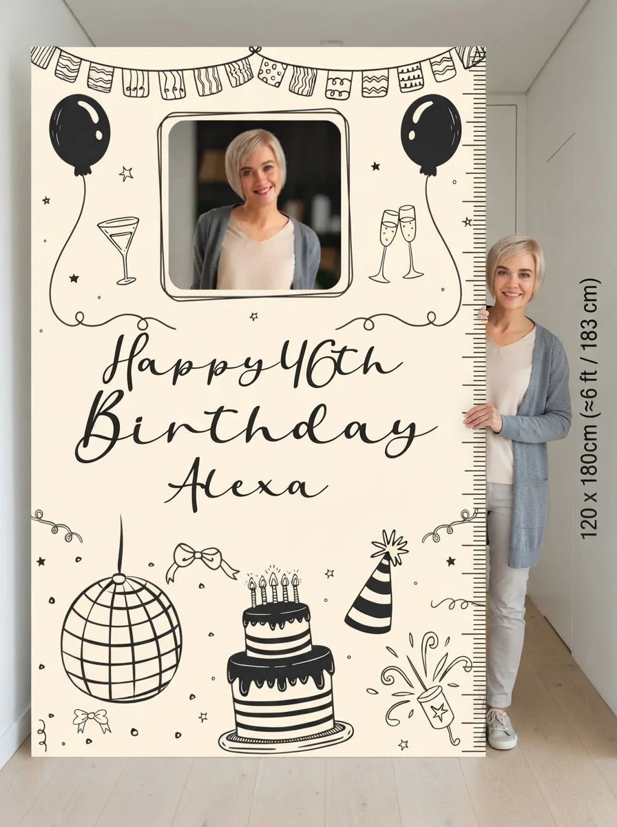 Person standing beside the Handdrawn Scribble Birthday Party Mega Card for scale in a size guide