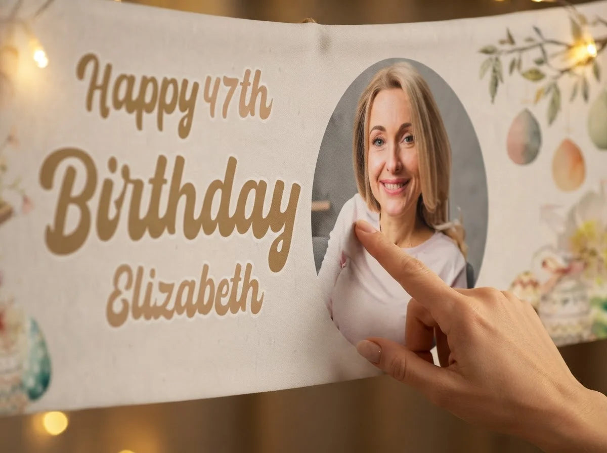Close-up of the personalised name and photo printed on the Easter Theme Birthday Party Banner