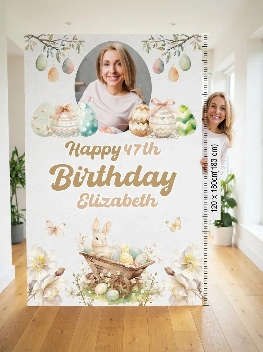 Person standing beside the Easter Theme Birthday Party Mega Card for scale in a size guide