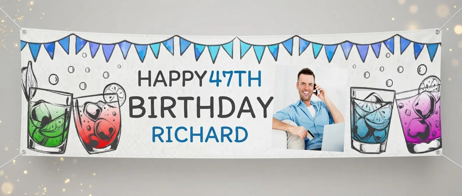 Personalised Handdrawn Cocktail Birthday Party Banner displayed against a plain studio background
