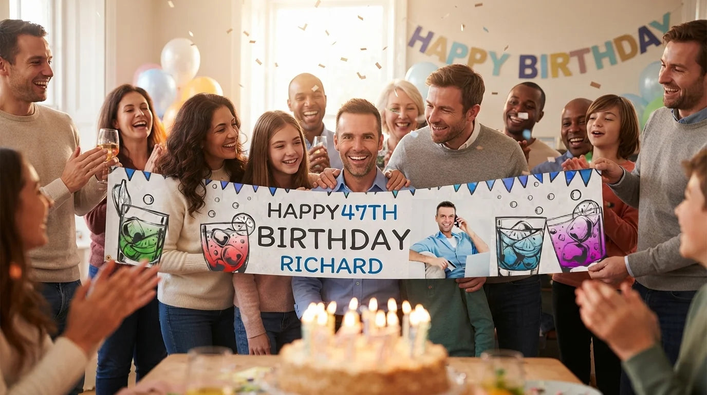 Friends and family celebrating with the personalised Handdrawn Cocktail Birthday Party Banner