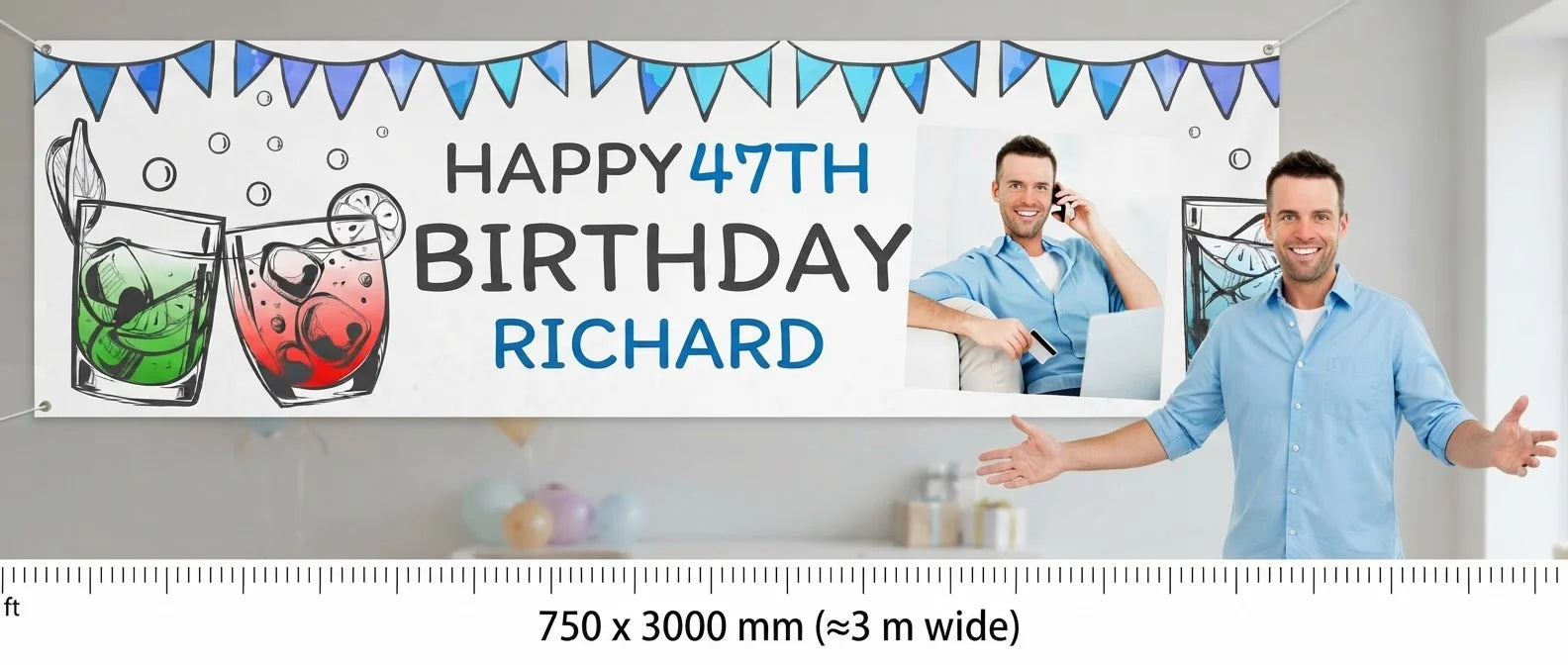 Person standing beside the Handdrawn Cocktail Birthday Party Banner for scale, with size guide showing 750 x 3000 mm