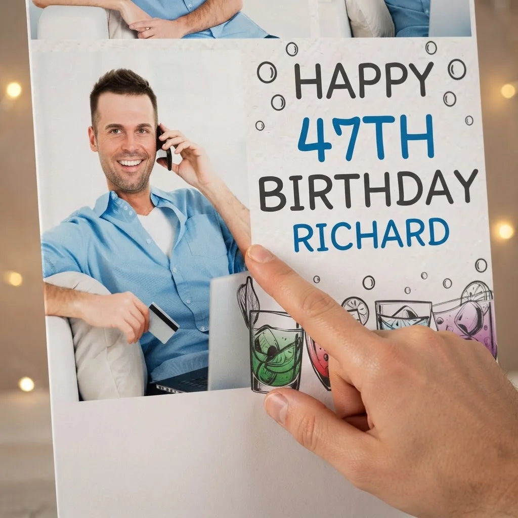 Close-up of the personalised name and photo printed on the Handdrawn Cocktail Birthday Party Mega Card