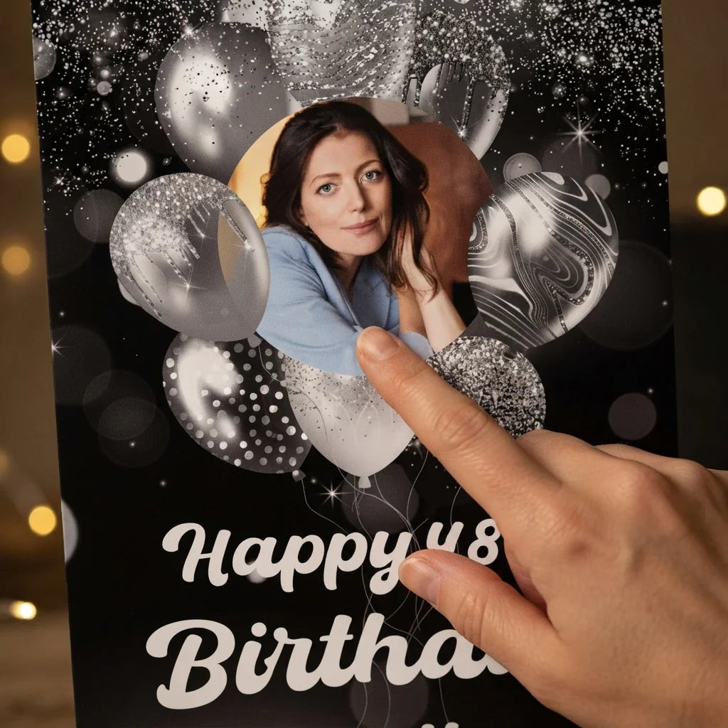 Close-up of the personalised name and photo printed on the Silver Balloons Birthday Party Mega Card