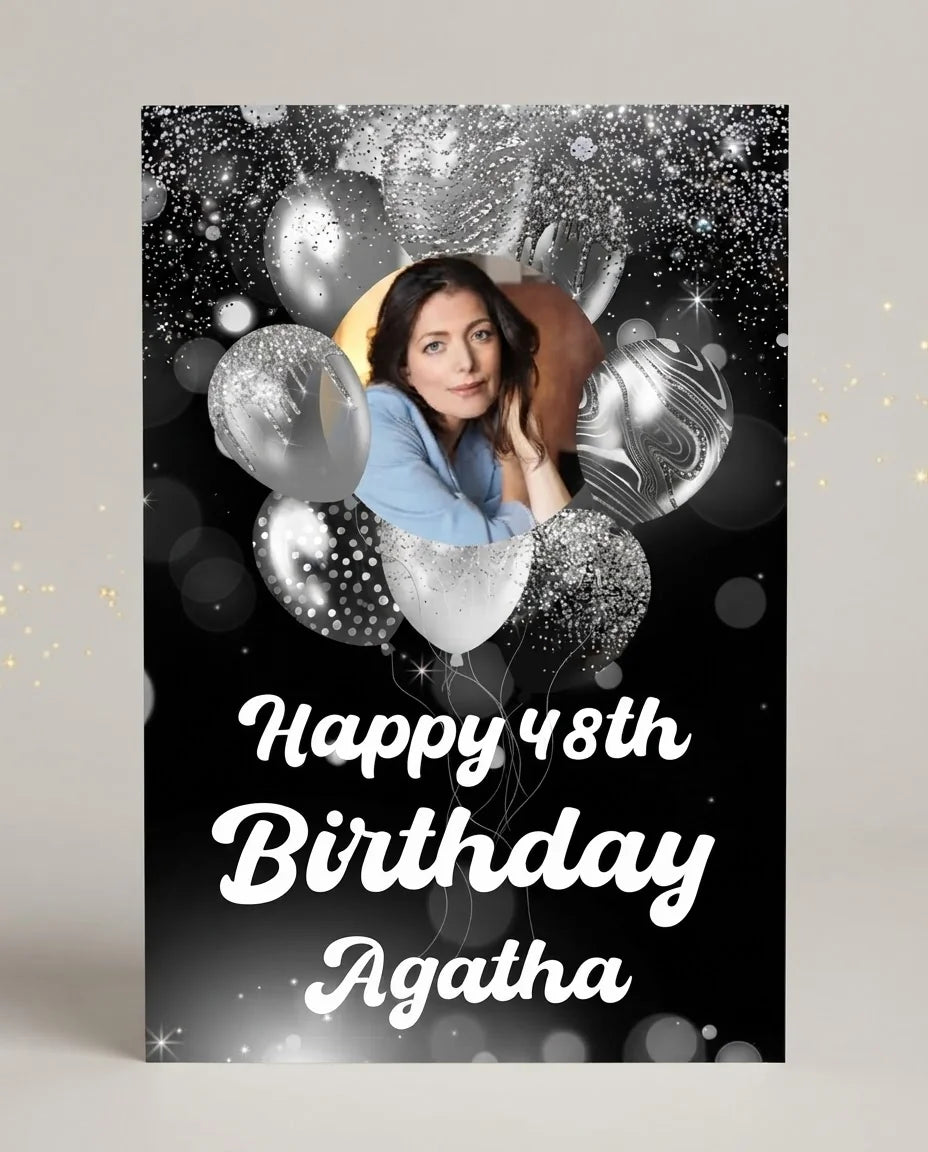 Personalised Silver Balloons Birthday Party Mega Card displayed against a plain studio background