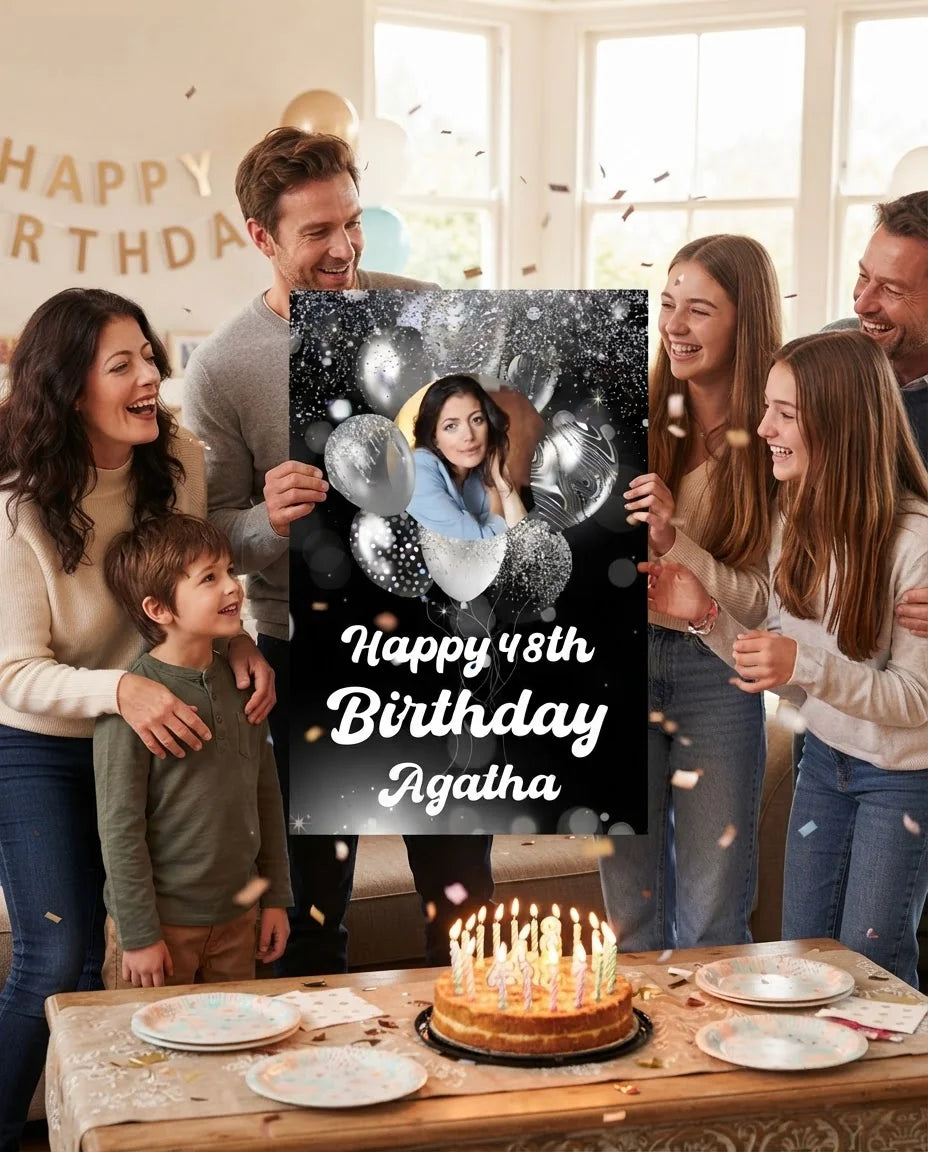 Friends and family celebrating with the personalised Silver Balloons Birthday Party Mega Card