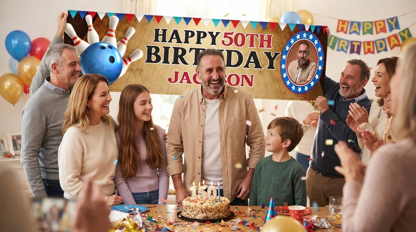 Friends and family celebrating with the personalised Bowling Theme Birthday Party Banner