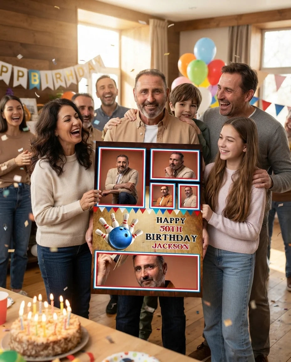 Friends and family celebrating with the personalised Bowling Theme Birthday Party Mega Card