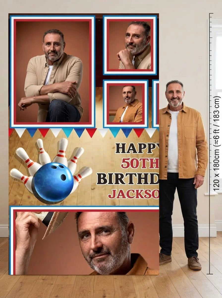 Person standing beside the Bowling Theme Birthday Party Mega Card for scale in a size guide