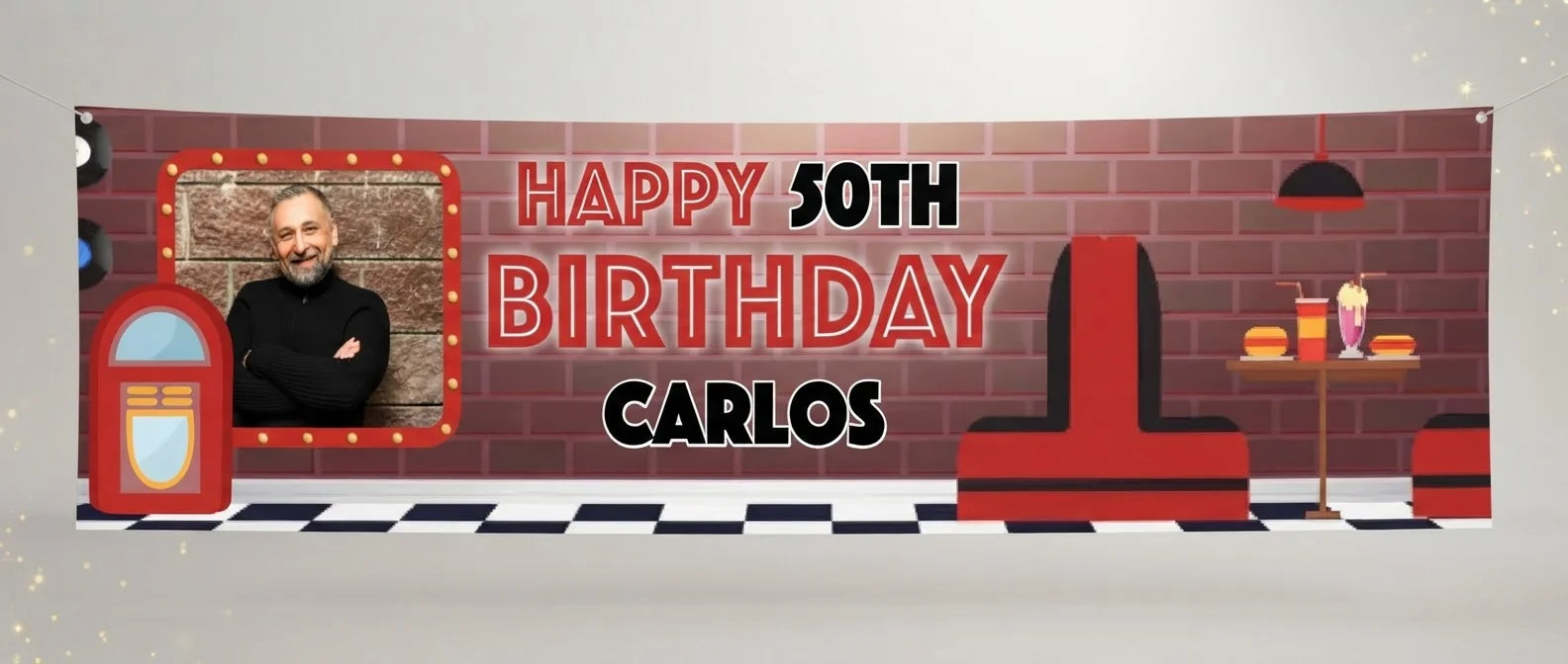 Personalised Diner Theme Birthday Party Banner displayed against a plain studio background