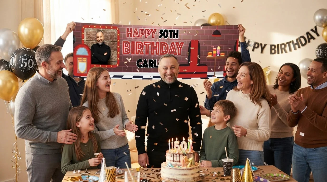 Friends and family celebrating with the personalised Diner Theme Birthday Party Banner