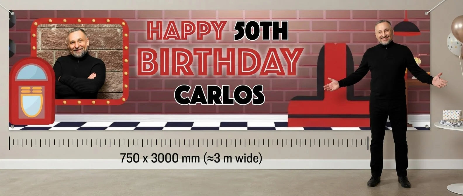 Person standing beside the Diner Theme Birthday Party Banner for scale, with size guide showing 750 x 3000 mm