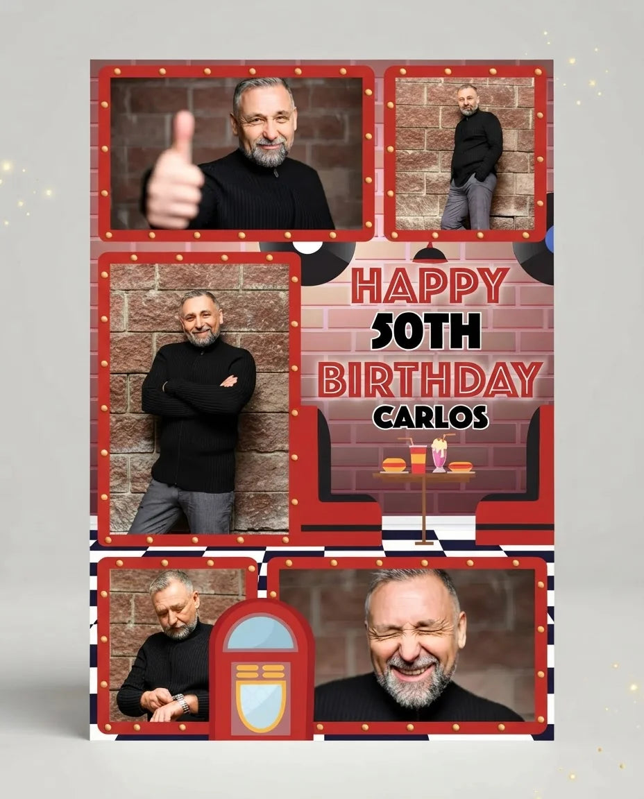 Personalised Diner Theme Birthday Party Mega Card displayed against a plain studio background