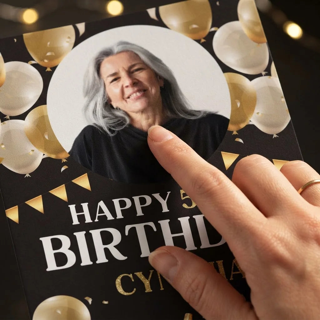 Close-up of the personalised name and photo printed on the Golden Cake Birthday Party Mega Card