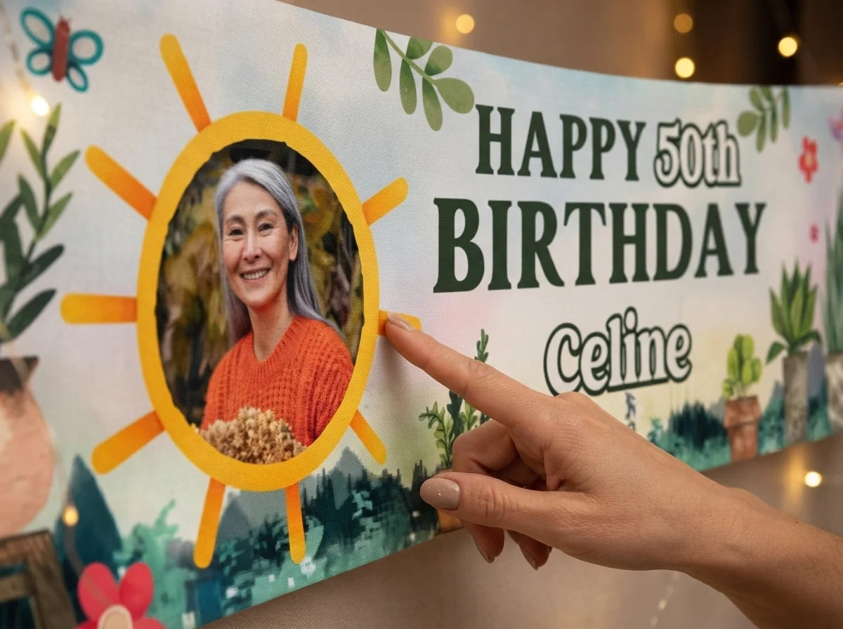 Close-up of the personalised name and photo printed on the Plant Lover Birthday Party Banner