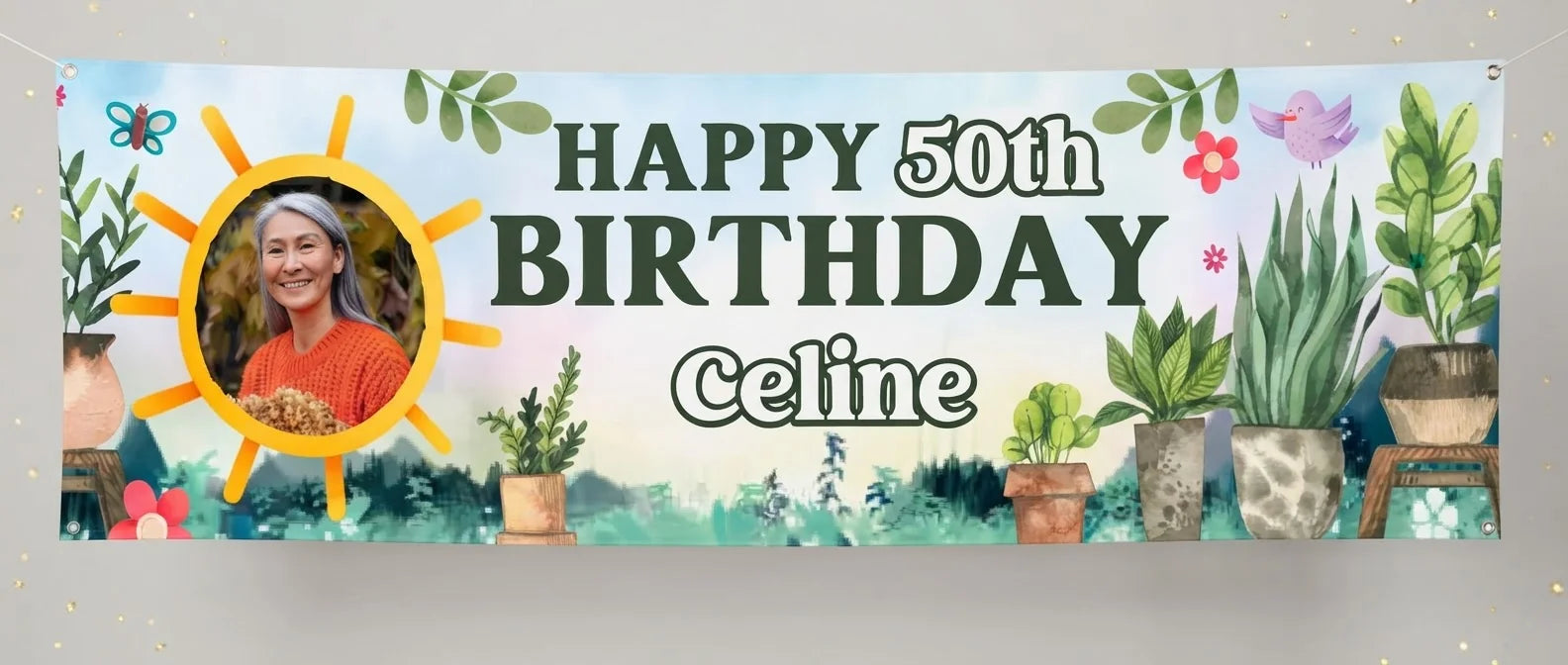Personalised Plant Lover Birthday Party Banner displayed against a plain studio background