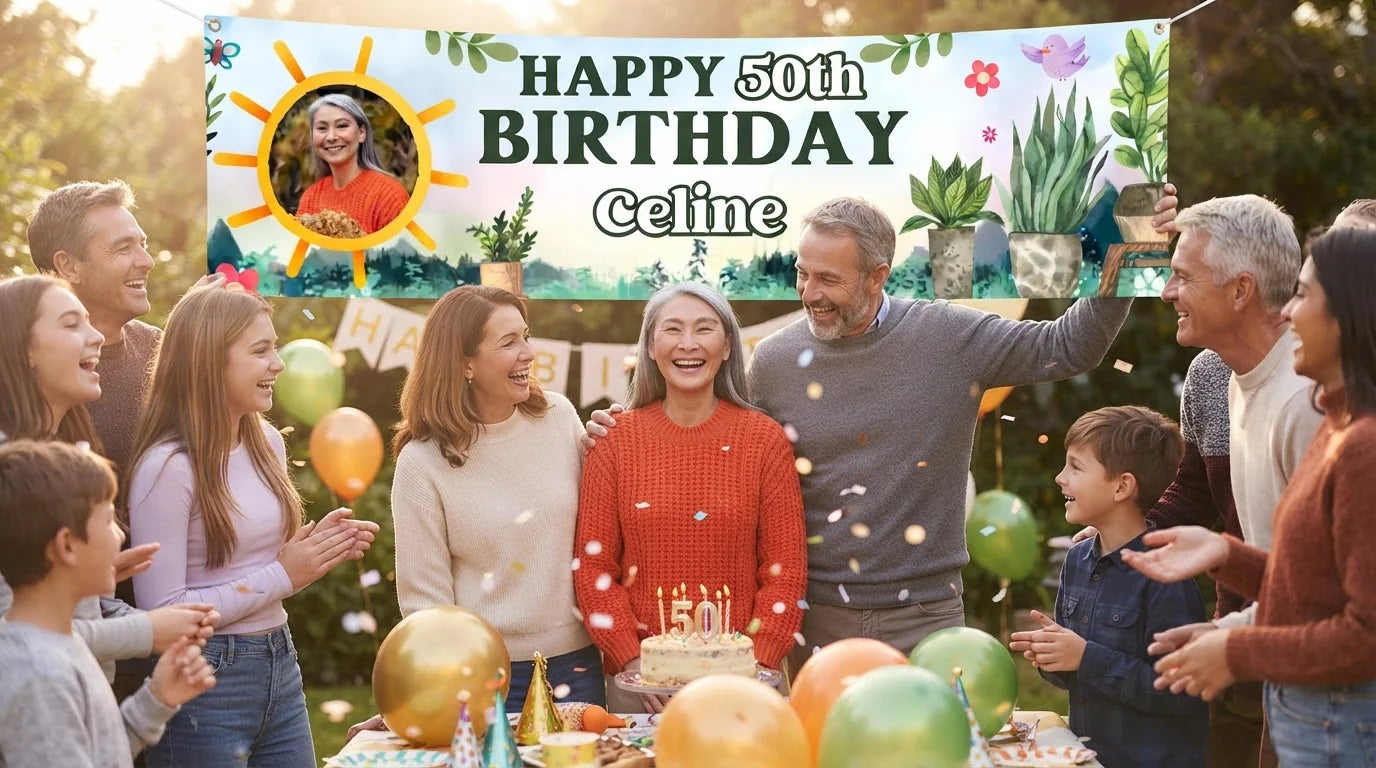 Friends and family celebrating with the personalised Plant Lover Birthday Party Banner
