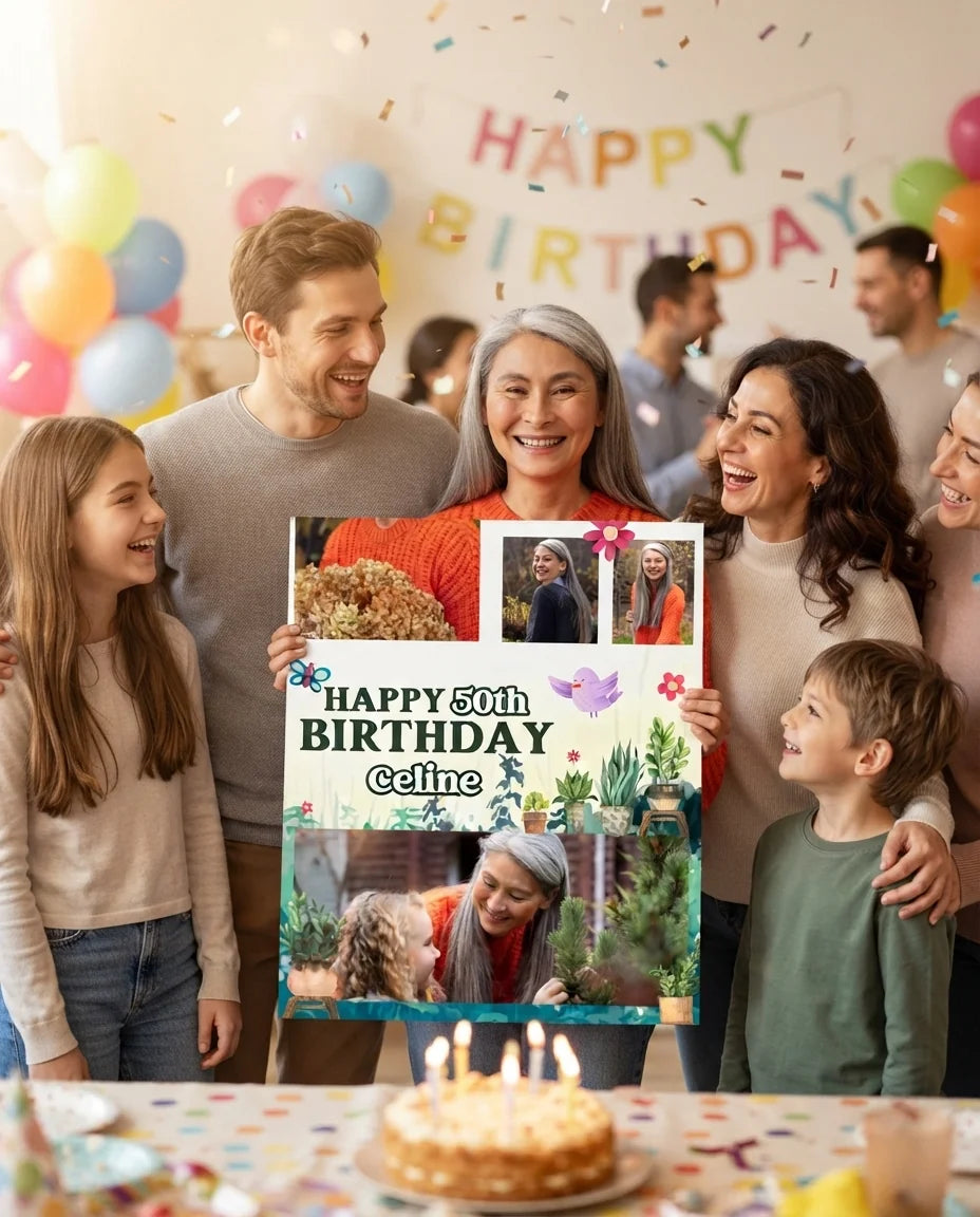Friends and family celebrating with the personalised Plant Lover Birthday Party Mega Card