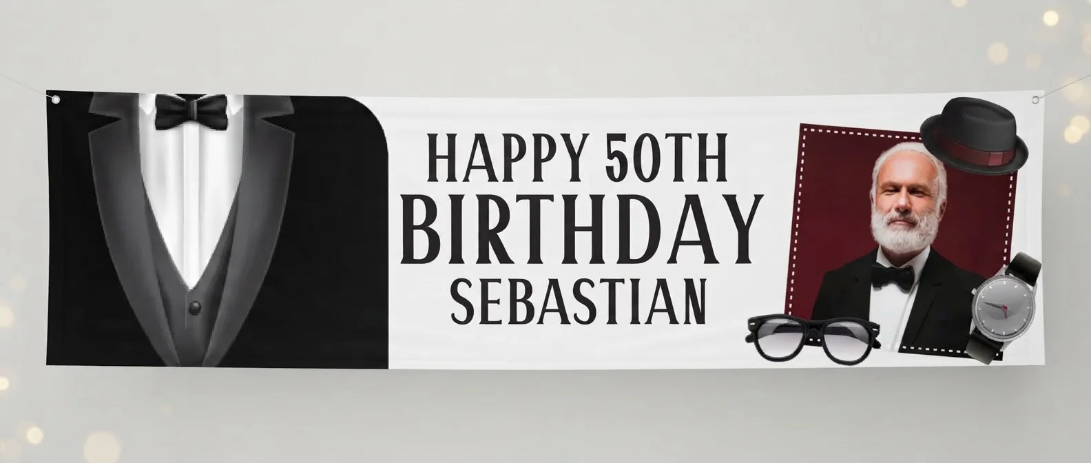 Personalised Tuxedo Theme Birthday Party Banner displayed against a plain studio background