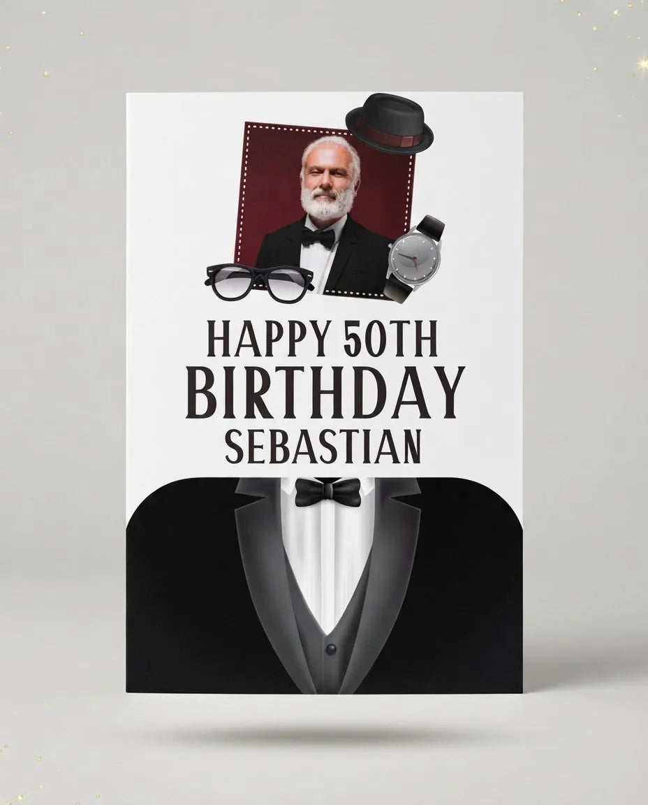 Personalised Tuxedo Theme Birthday Party Mega Card displayed against a plain studio background