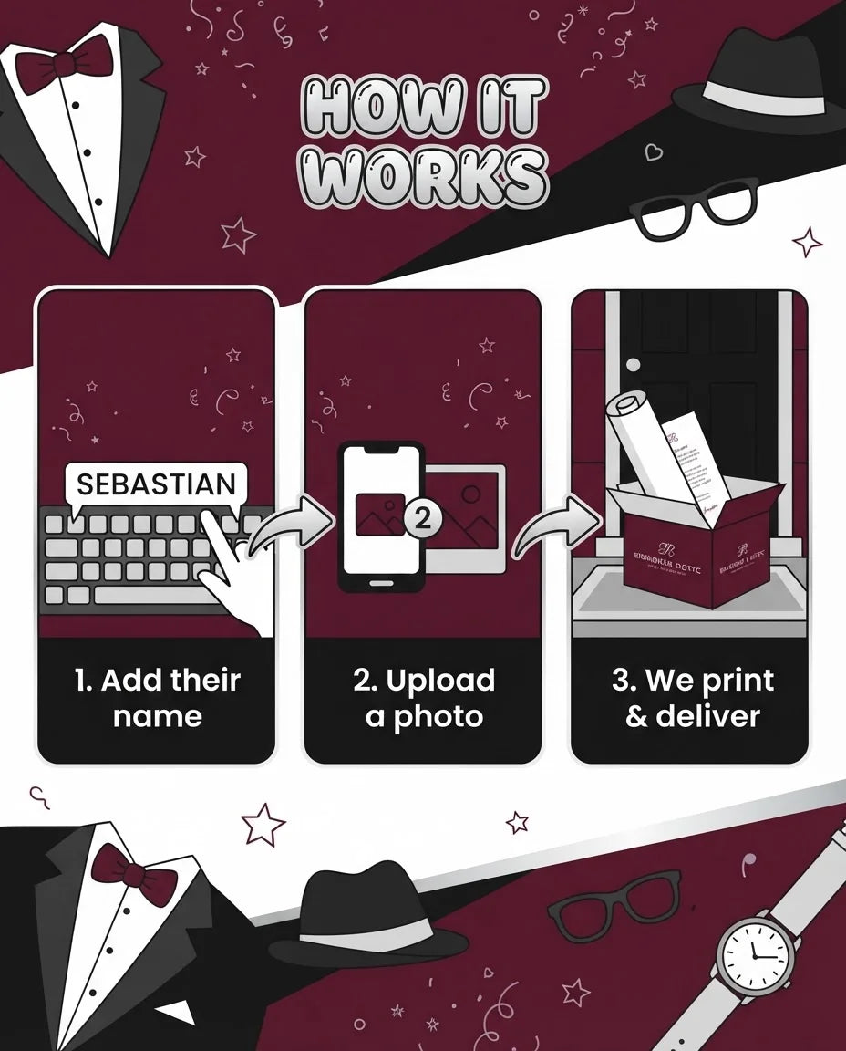 How it works: add a name, upload a photo, and we print and deliver the Tuxedo Theme Birthday Party Mega Card