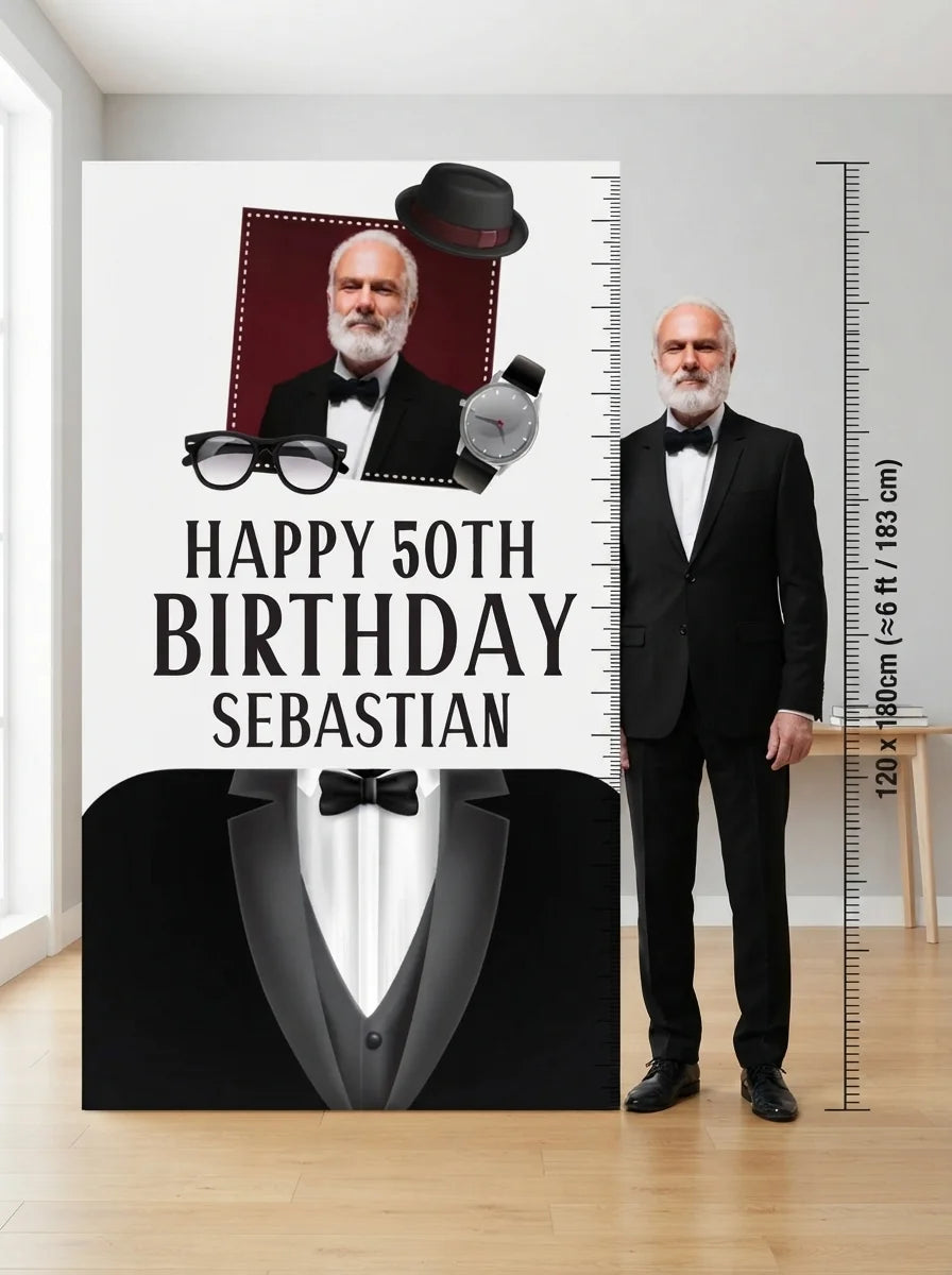 Person standing beside the Tuxedo Theme Birthday Party Mega Card for scale in a size guide
