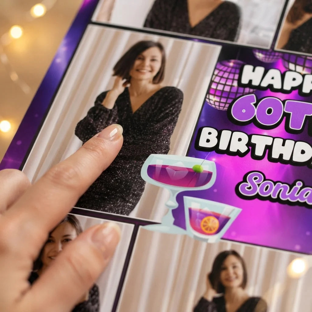 Close-up of the personalised name and photo printed on the Disco Theme Birthday Party Mega Card