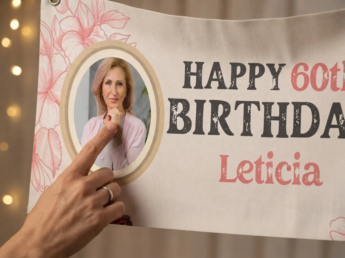 Close-up of the personalised name and photo printed on the Pink Vintage Birthday Party Banner