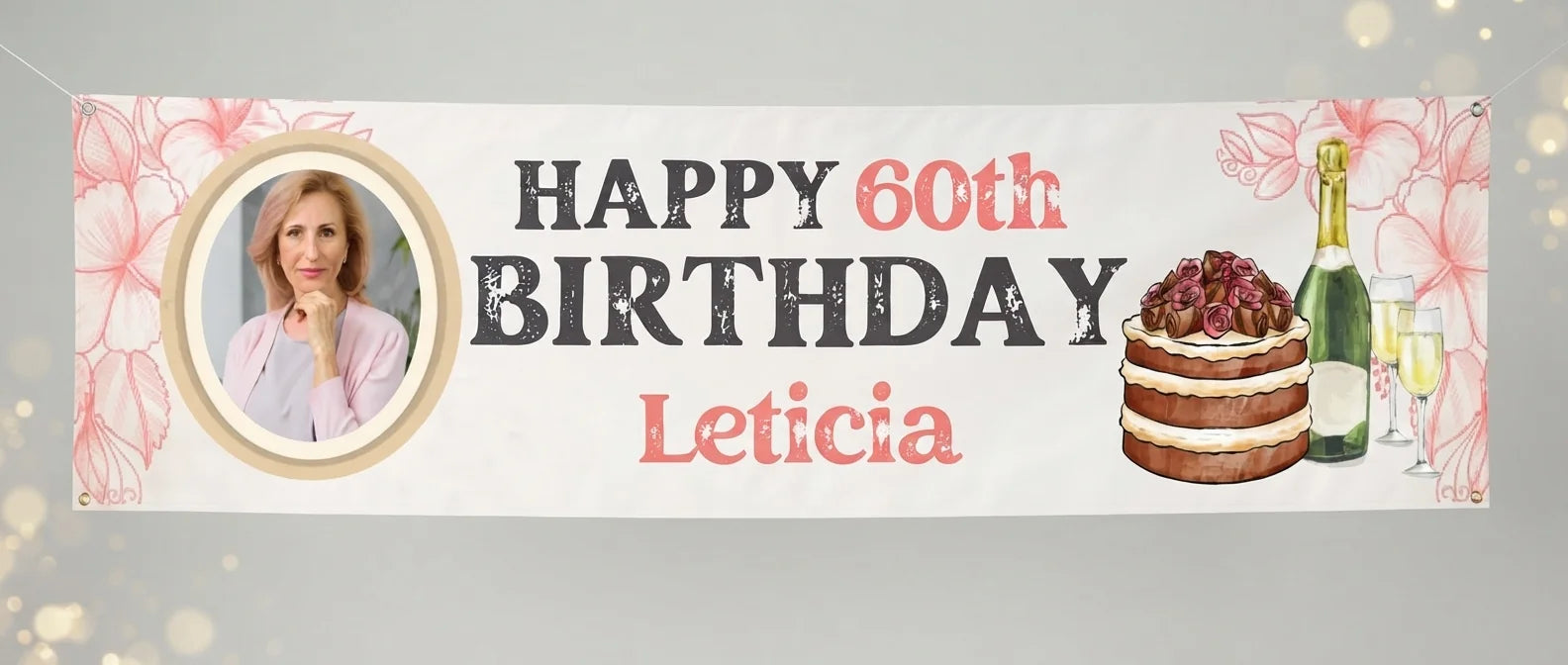 Personalised Pink Vintage Birthday Party Banner displayed against a plain studio background
