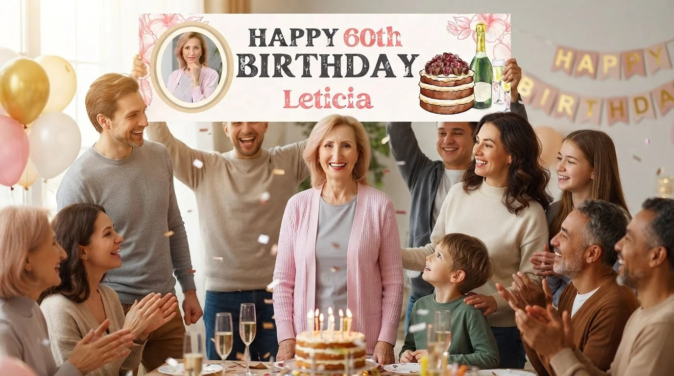 Friends and family celebrating with the personalised Pink Vintage Birthday Party Banner