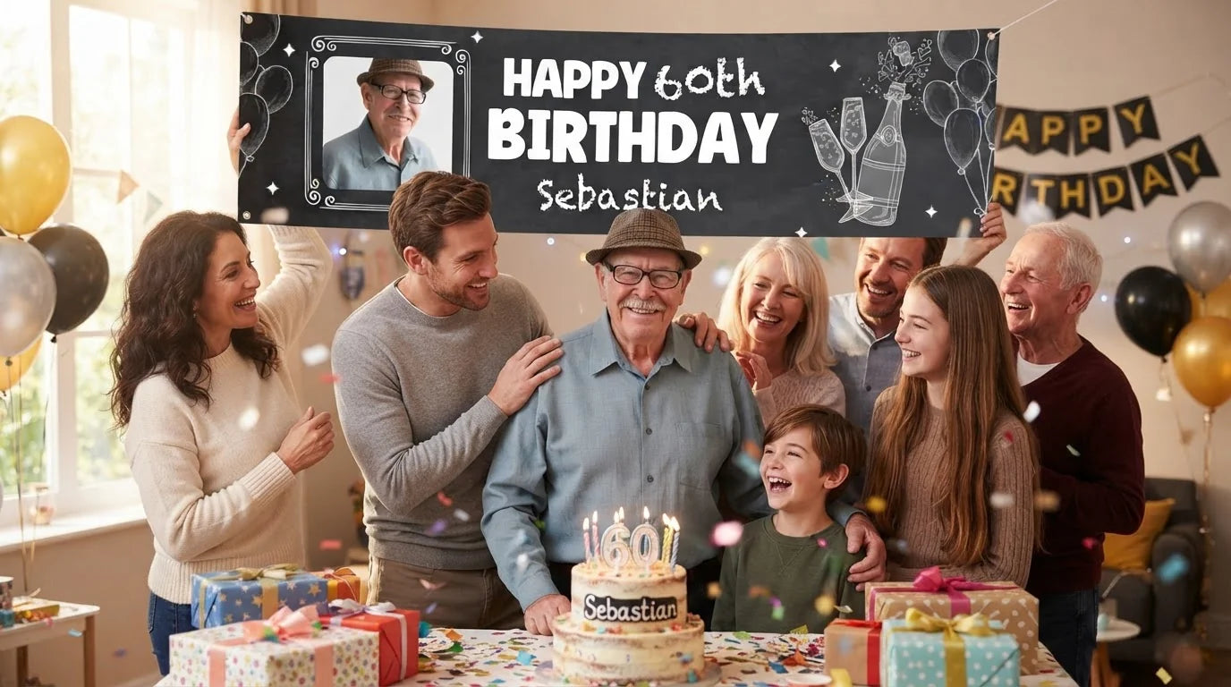 Friends and family celebrating with the personalised Chalk Vintage Birthday Banner