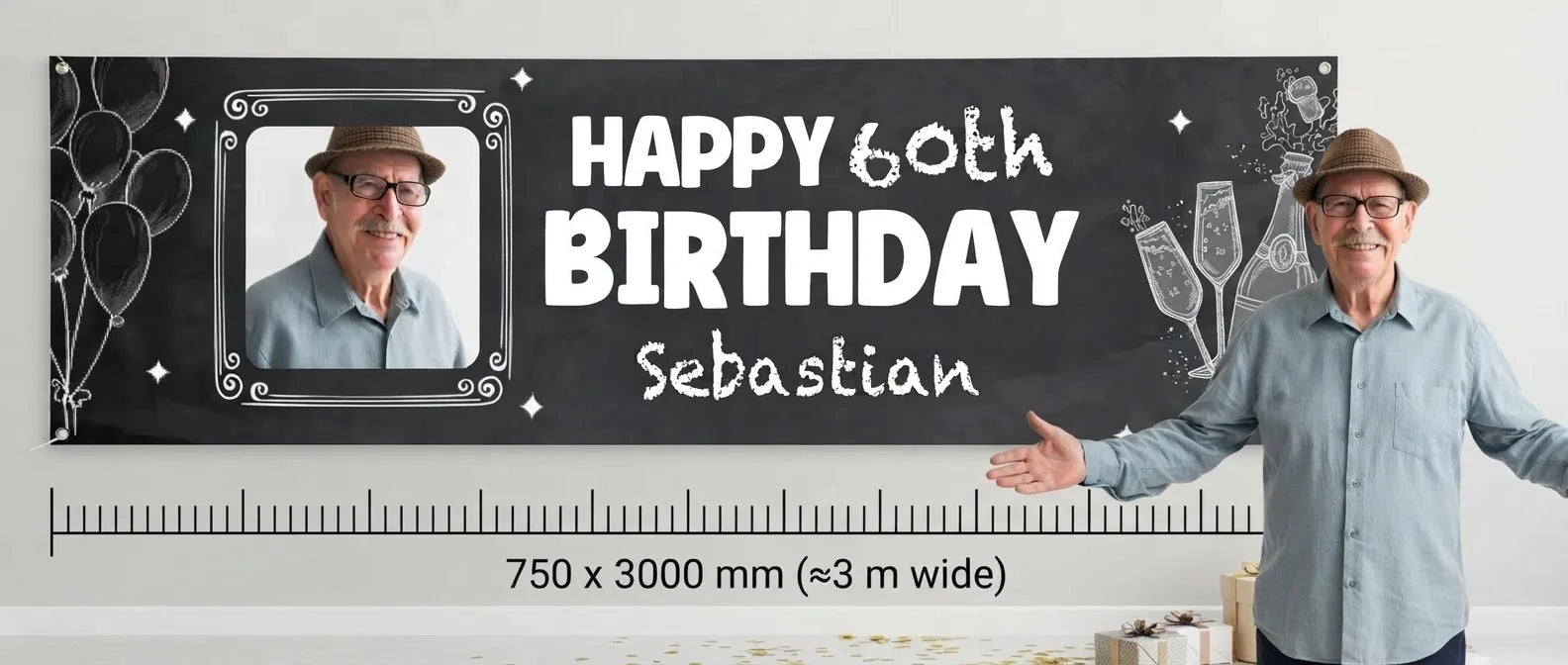 Person standing beside the Chalk Vintage Birthday Banner for scale, with size guide showing 750 x 3000 mm