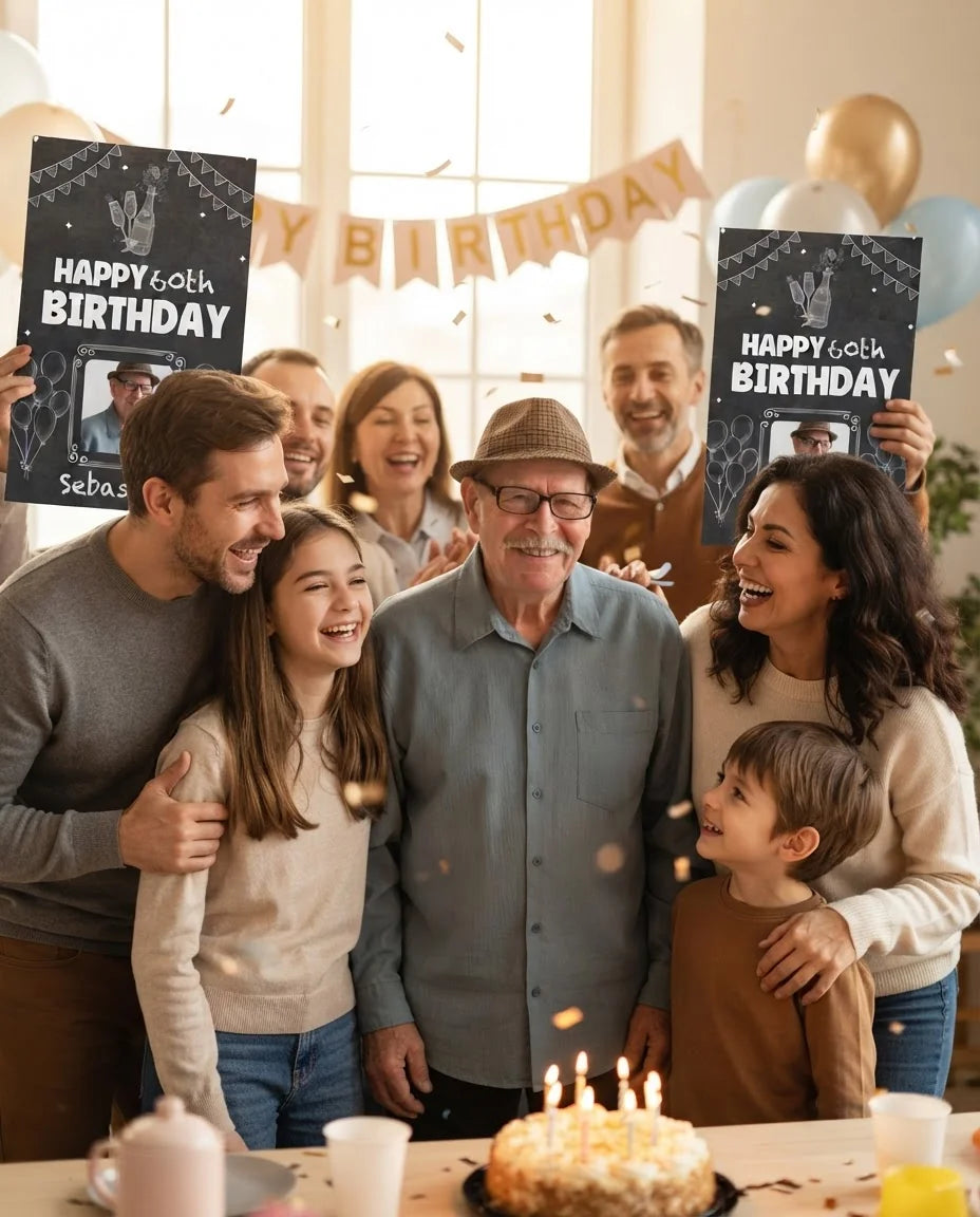 Friends and family celebrating with the personalised Chalk Vintage Birthday Mega Card