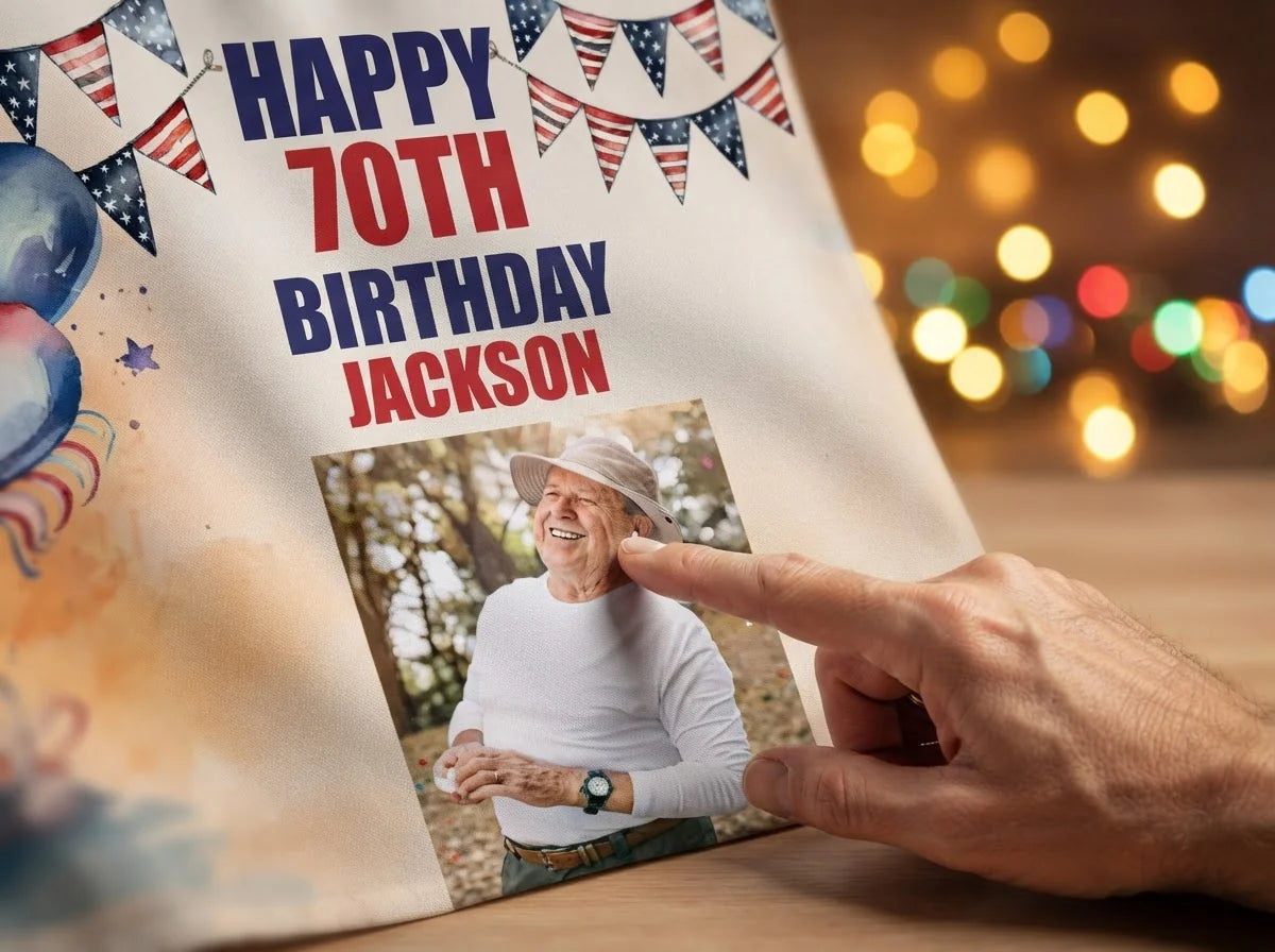 Close-up of the personalised name and photo printed on the 4th of July Birthday Party Banner