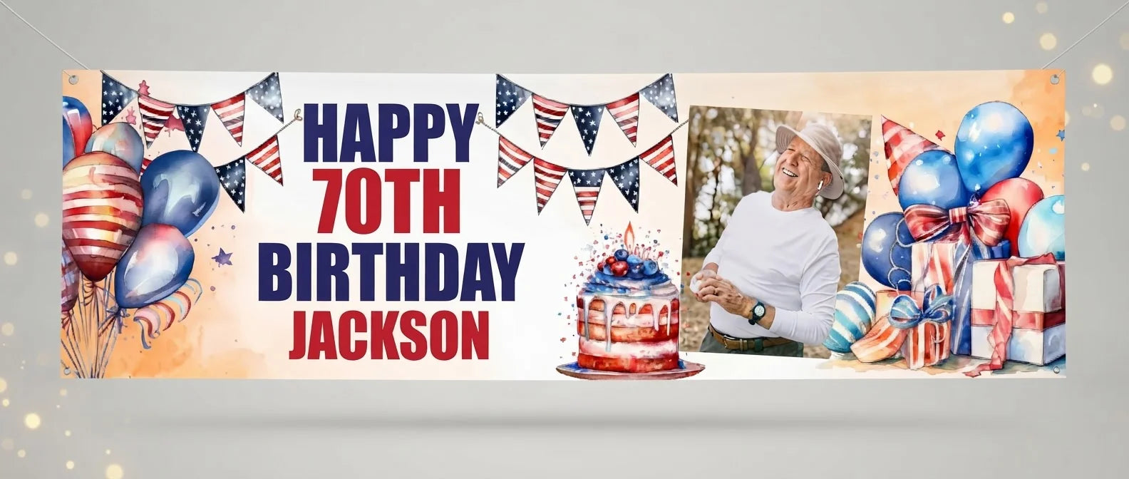 Personalised 4th of July Birthday Party Banner displayed against a plain studio background