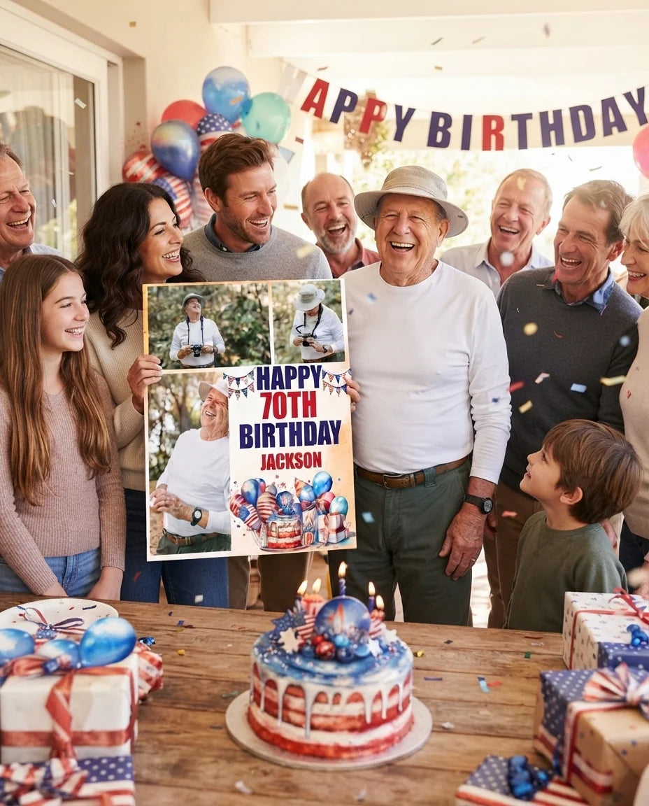 Friends and family celebrating with the personalised 4th of July Birthday Party Mega Card