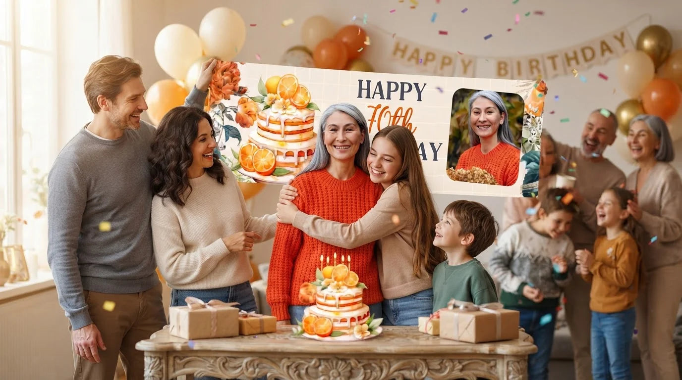 Friends and family celebrating with the personalised Orange Floral Theme Birthday Party Banner