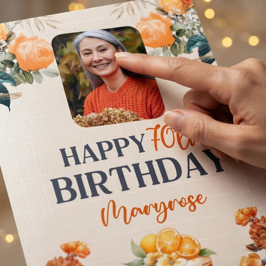 Close-up of the personalised name and photo printed on the Orange Floral Theme Birthday Party Mega Card