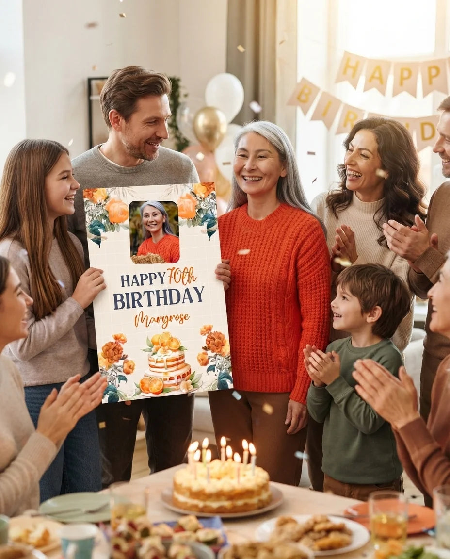 Friends and family celebrating with the personalised Orange Floral Theme Birthday Party Mega Card