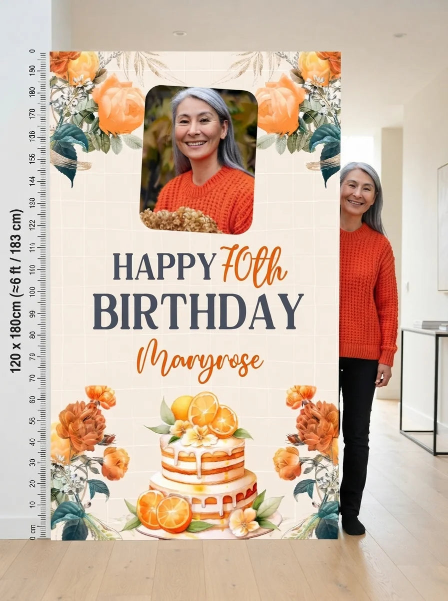 Person standing beside the Orange Floral Theme Birthday Party Mega Card for scale in a size guide