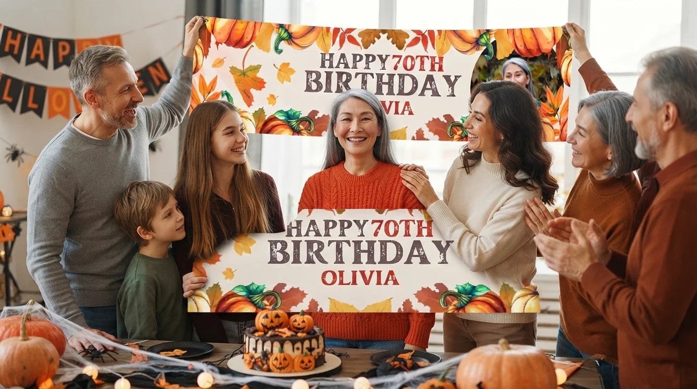 Friends and family celebrating with the personalised Pumpkin Theme Birthday Party Banner