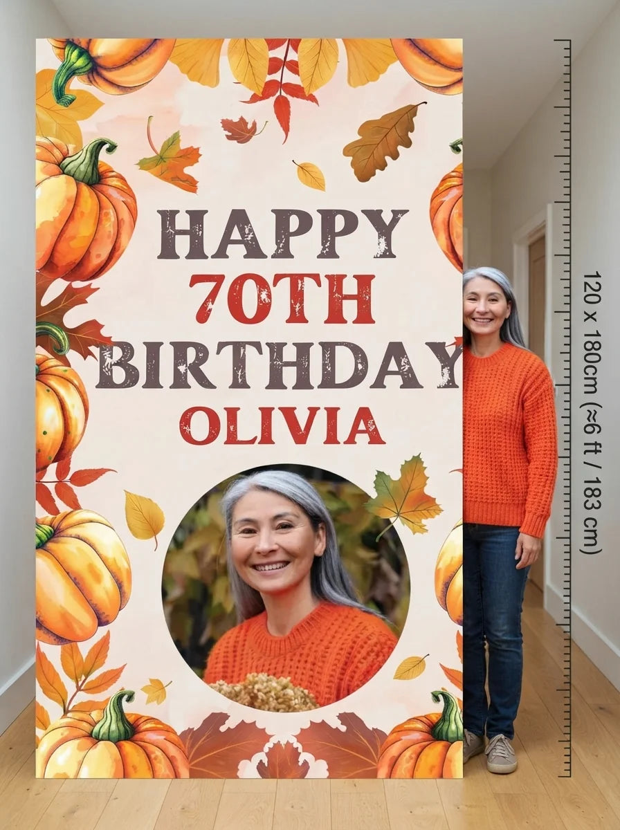 Person standing beside the Pumpkin Theme Birthday Party Mega Card for scale in a size guide