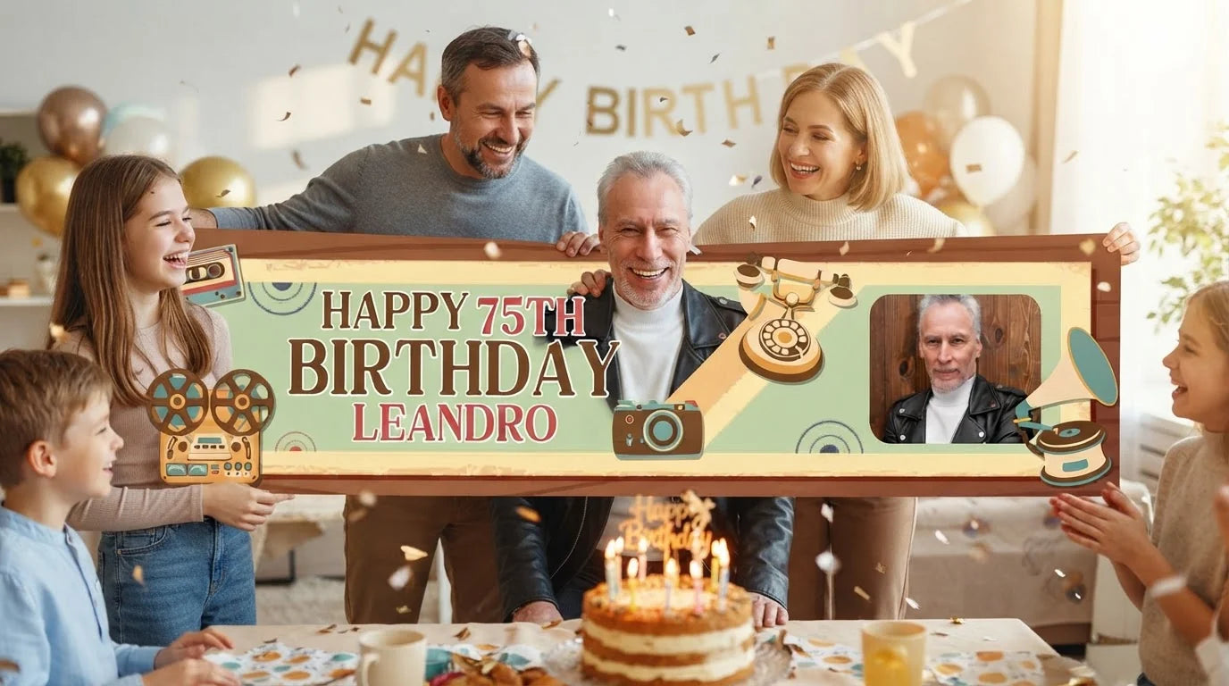 Friends and family celebrating with the personalised 50s Retro Birthday Party Banner