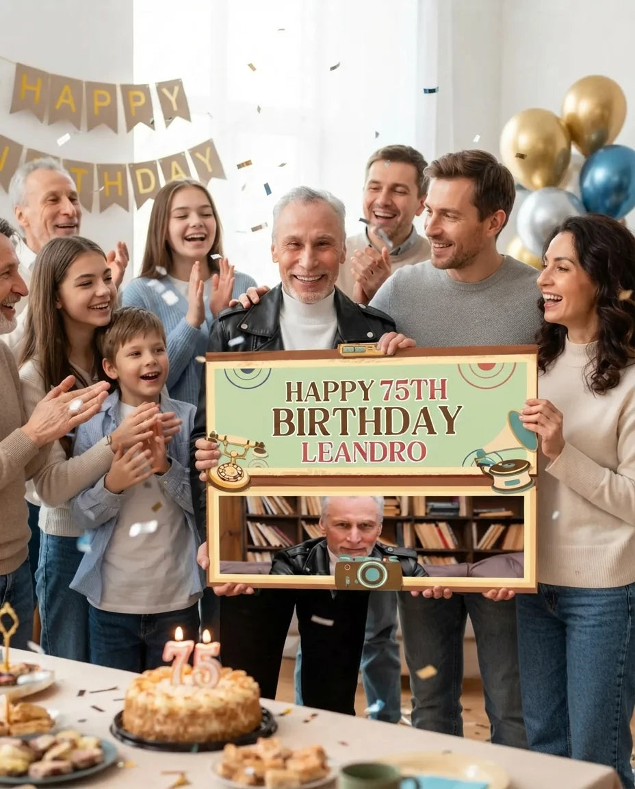 Friends and family celebrating with the personalised 50s Retro Birthday Party Mega Card