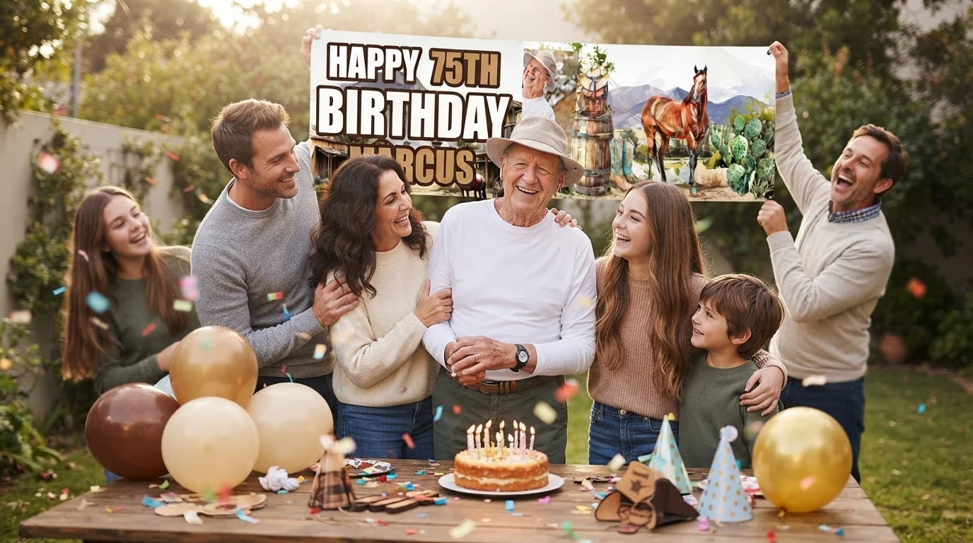 Friends and family celebrating with the personalised Cowboy Theme Birthday Party Banner