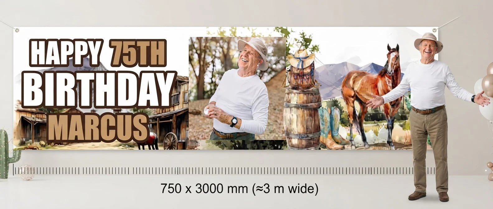 Person standing beside the Cowboy Theme Birthday Party Banner for scale, with size guide showing 750 x 3000 mm
