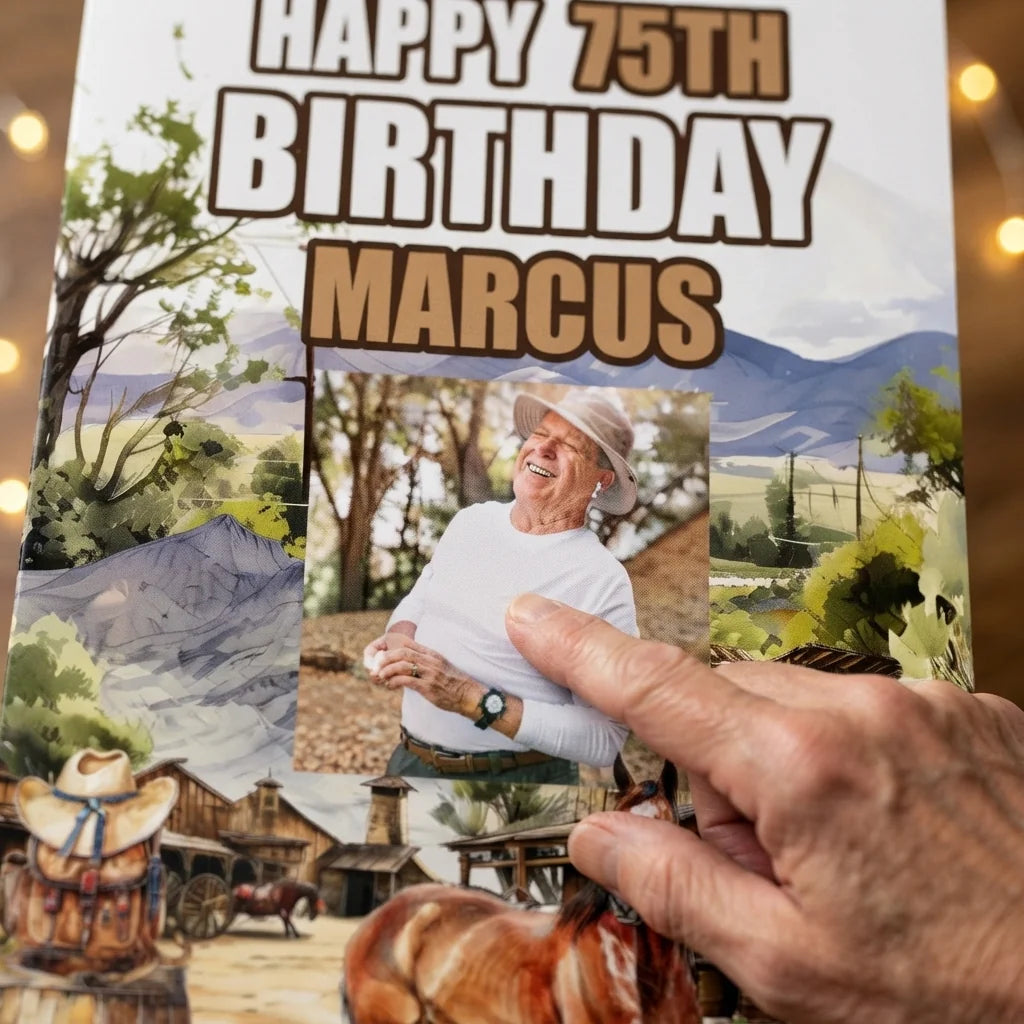 Close-up of the personalised name and photo printed on the Cowboy Theme Birthday Party Mega Card