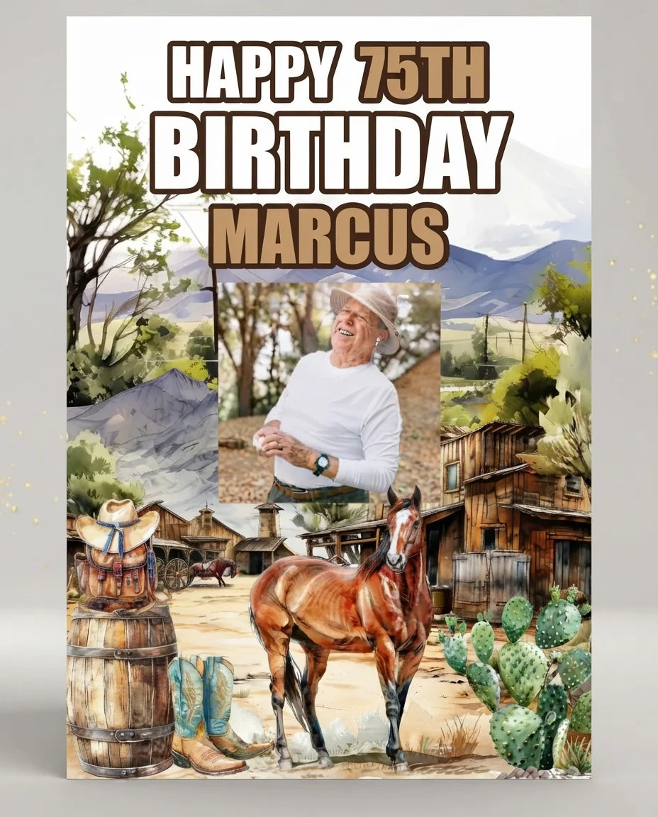 Personalised Cowboy Theme Birthday Party Mega Card displayed against a plain studio background
